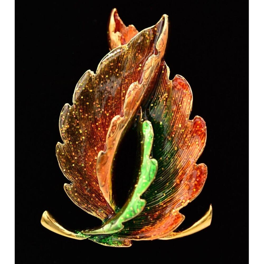 Vintage Leaf Pin Brooch Glitter Enamel Gold Orange Green Autumn Fall 1980s BinA4
